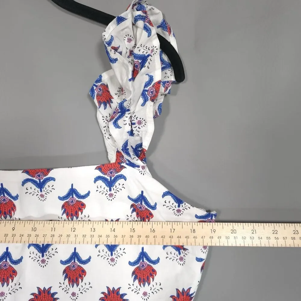 J.CREW‎ Midi Dress Size 14 White Floral Ruffle Sleeve Smocked Cotton Red Blue